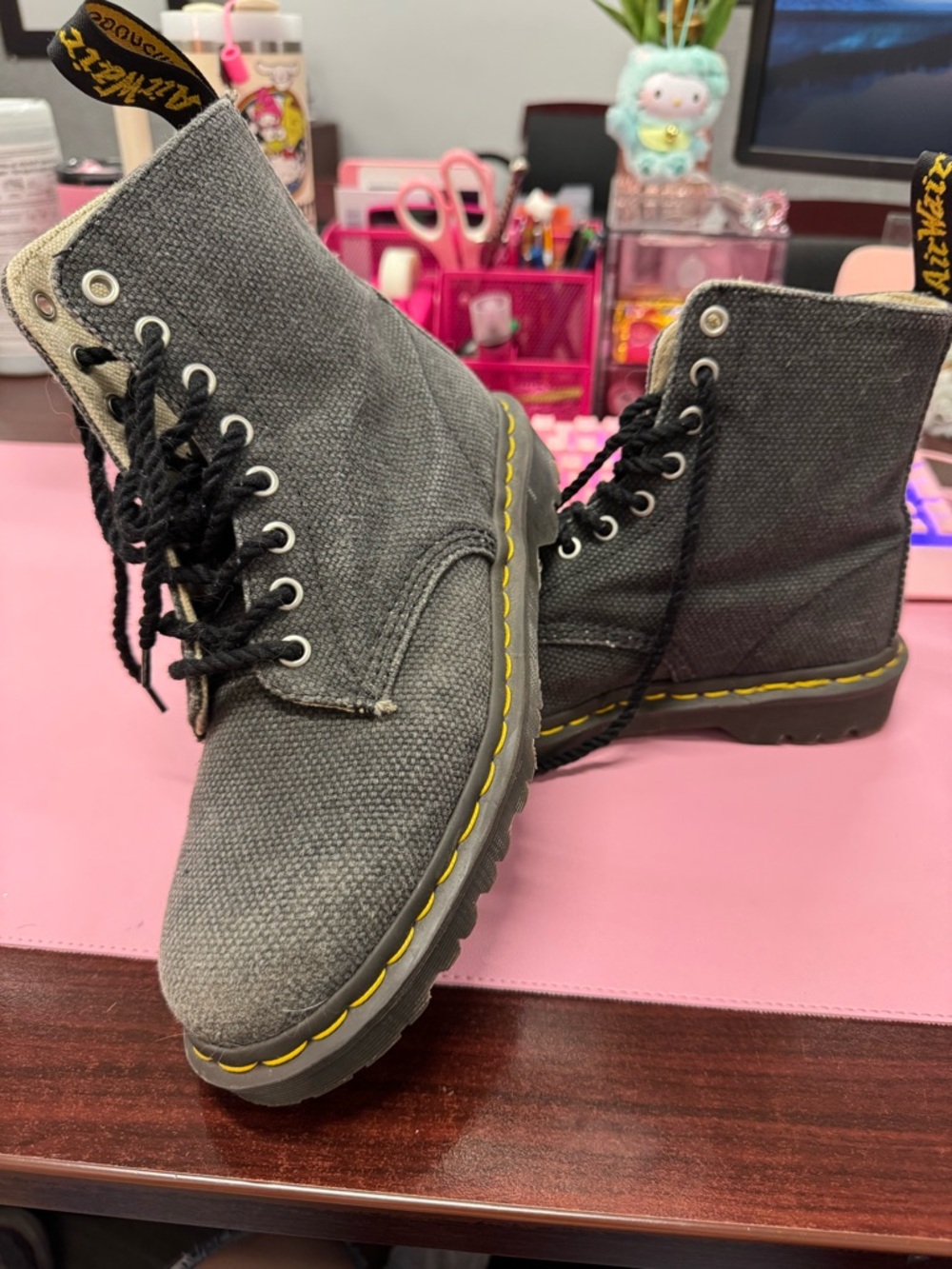 Dr. Martens AirWair, Gray Canvas High-Top Boots with Yellow Stitching